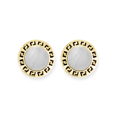 Boucles d'oreilles rond et nacre de perle entouré d'or jaune 10k. Color: jaune | Doucet Latendresse