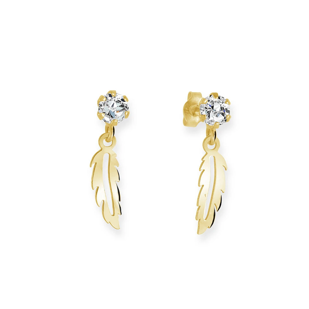 10K Yellow Gold Child Feather Earrings with cubic zirconia. Color: yellow | Doucet Latendresse