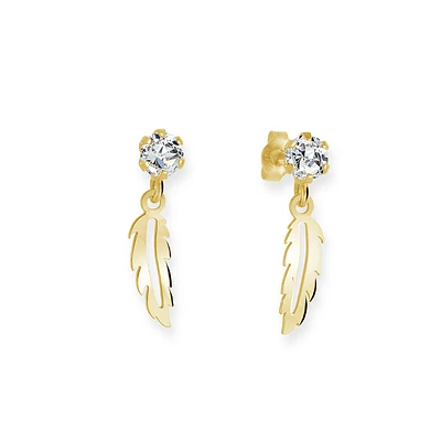 Boucles d'oreilles Fillette plume pour enfant en or jaune 10K avec zircone cubique. Color: jaune | Doucet Latendresse