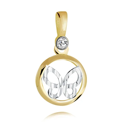 Circle pendant with a butterfly symbol in 10K yellow and white gold with a cubic zirconia. Color: 2 tone | Doucet Latendresse