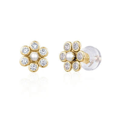 Flower-shaped earrings with pearl in 10K yellow Gold. Color: yellow | Doucet Latendresse