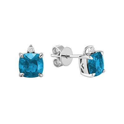 Boucle d'oreilles topaz bleu synthétique avec diamant 4 points - Or blanc 10K. Color: blanc | Doucet Latendresse