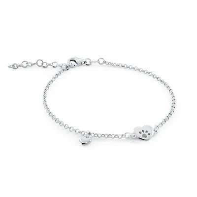 .925 Sterling Silver Bracelet with small Heart and Dog Paw Symbol.. Color: white | Doucet Latendresse