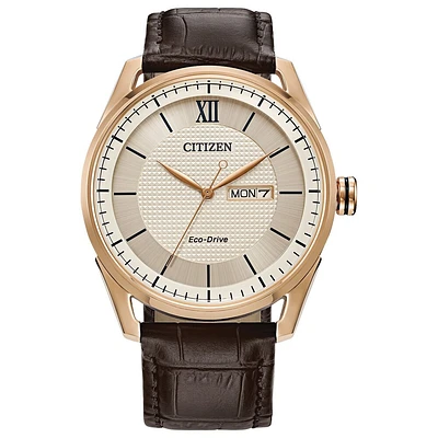 Men's watch with rose gold case and ivory dial, brown leather strap | Doucet Latendresse