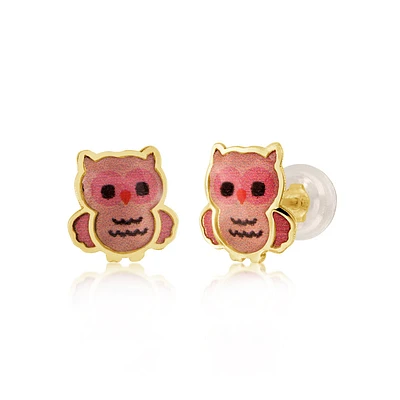 Boucles d'oreilles or 10K, forme hiboux, couleur rose. Color: jaune | Doucet Latendresse