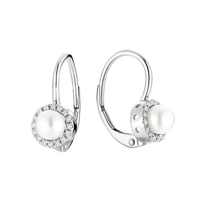 Boucles d'Oreilles Perles - Or Blanc 10k & Diamants. Color: blanc | Doucet Latendresse