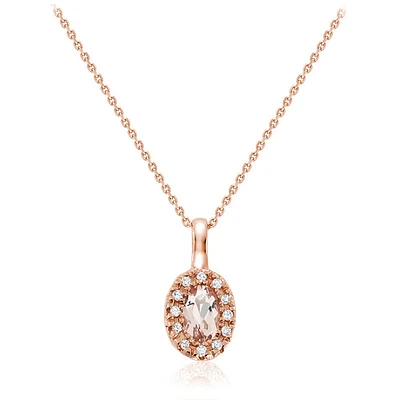10K Rose Gold Oval Morganite Pendant Necklace with Diamond Halo. Color: pink | Doucet Latendresse