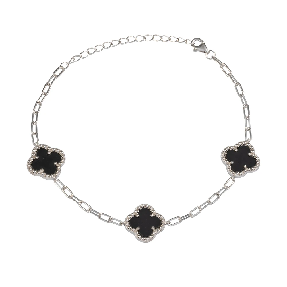 Women's bracelet - black onyx clover - silver.925. Color: white | Doucet Latendresse