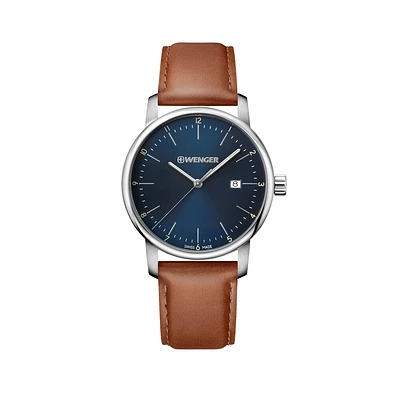 Men's watch with brown leather strap and blue dial | Doucet Latendresse