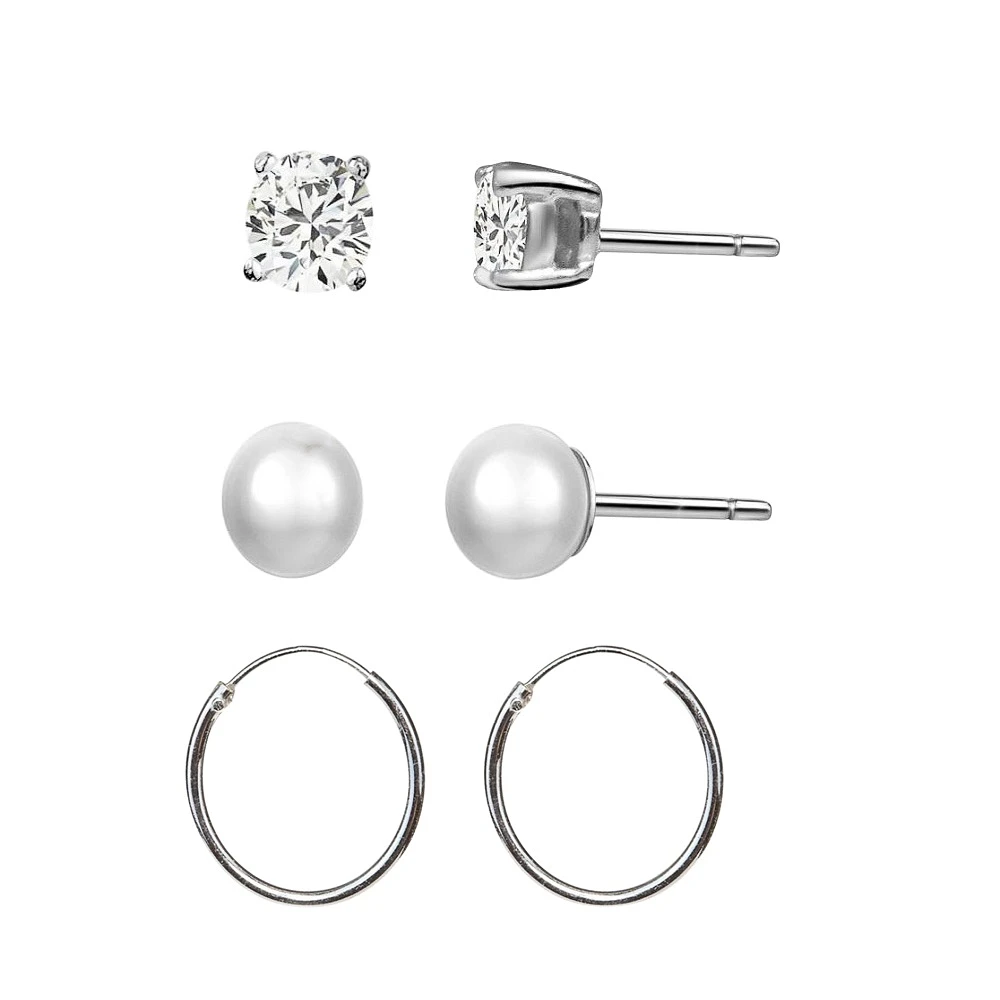 Trio boucles d'reille pour femme.925+cz, perle véritable. Color: blanc | Doucet Latendresse