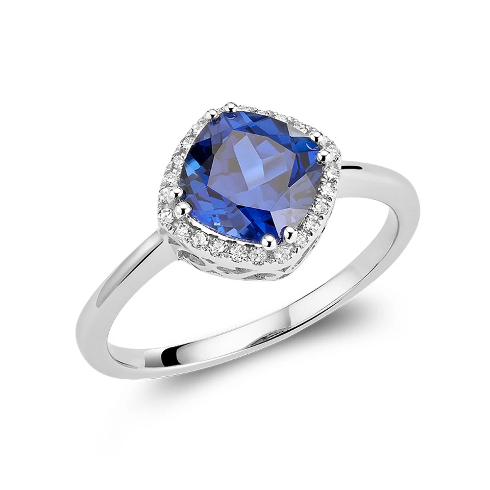 Ladies ring -blue sapphire lab-grown  gemstone- in 10k white gold & diamonds total weight 7pts. Color: white | Doucet Latendresse