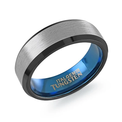 Jonc Pour Homme En Tungstène Noir Et Bleu À Centre Brossé – 7mm | Doucet Latendresse