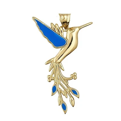 Pendentif Colibri en Or 10K avec Accents d’Émail Bleu. Color: jaune | Doucet Latendresse