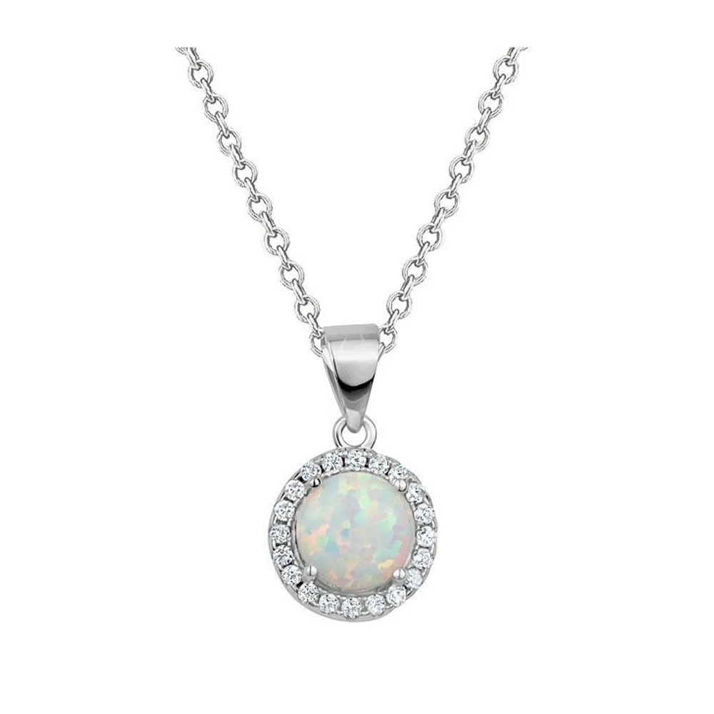 Sterling Silver Opal and Cubic Zirconia Halo Necklace. Color: silver | Doucet Latendresse