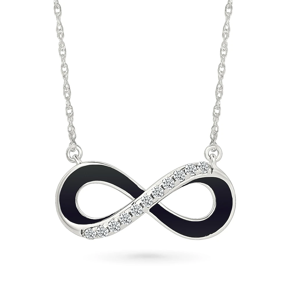 Sterling Silver Infinity Necklace with Diamonds and Black Enamel. Color: silver | Doucet Latendresse