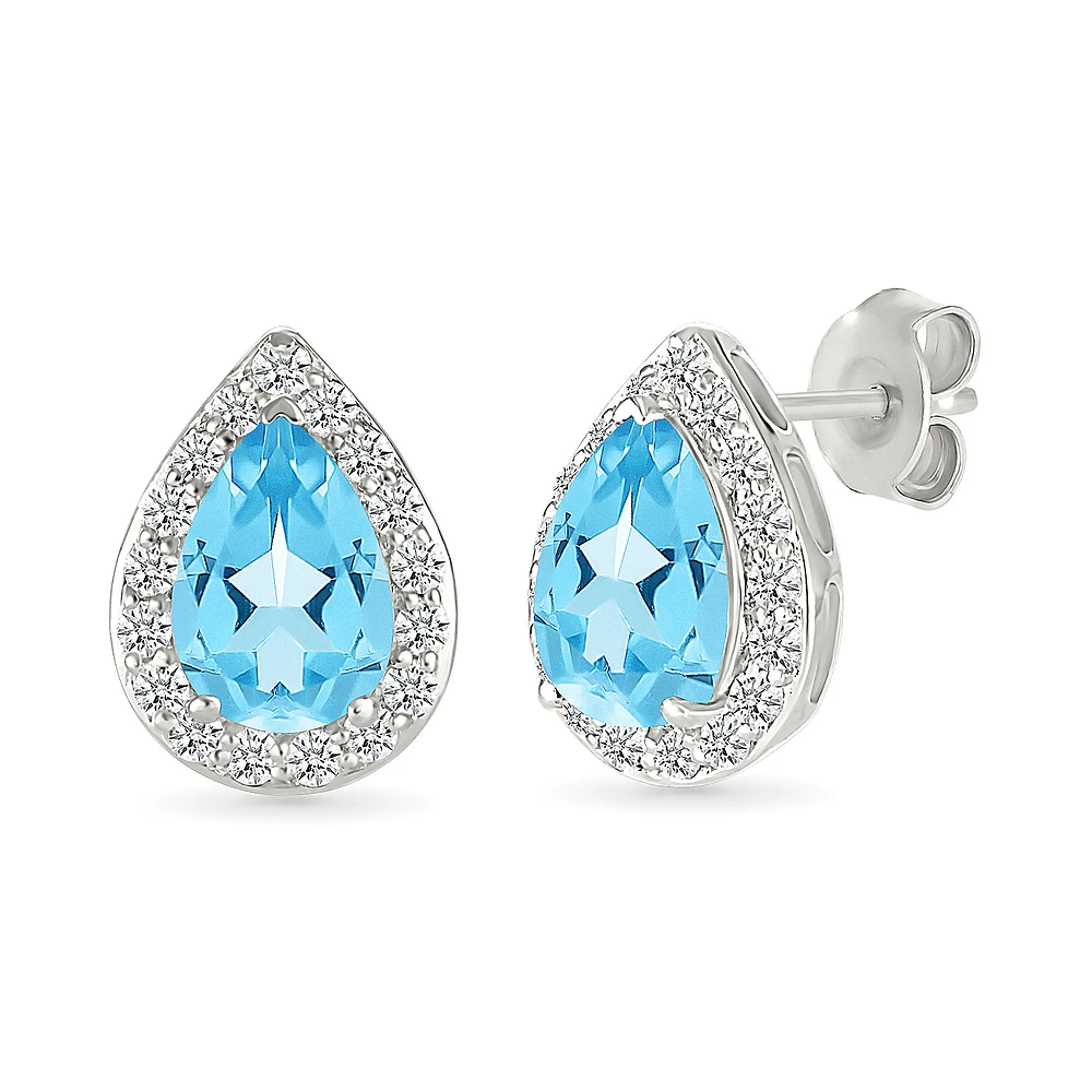 Boucles d’Oreilles Clous en Argent Sterling avec Topazes Bleues en Goutte et Halo de Diamants | Doucet Latendresse