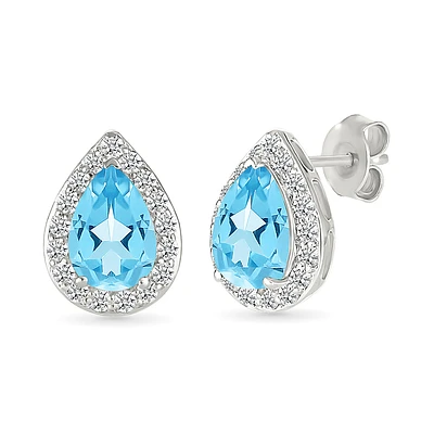 Boucles d’Oreilles Clous en Argent Sterling avec Topazes Bleues en Goutte et Halo de Diamants | Doucet Latendresse