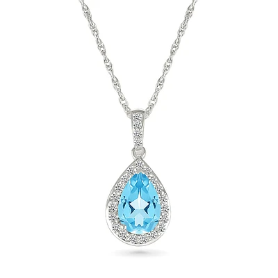 Collier avec Pendentif Goutte en Topaze Bleue et Halo de Diamants en Argent Sterling. Color: blanc | Doucet Latendresse