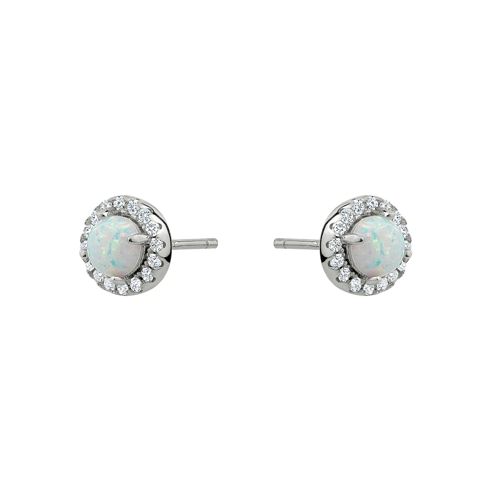 Sterling Silver Opal and Cubic Zirconia Halo Stud Earrings. Color: silver | Doucet Latendresse