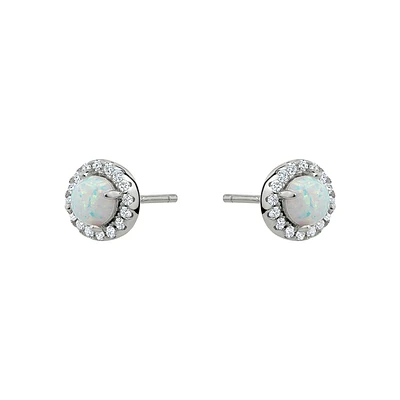 Boucles d’Oreilles Fixes en Argent Sterling avec Opale et Halo de Zircons Cubiques. Color: argent | Doucet Latendresse
