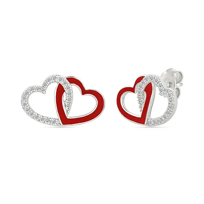 Boucles d’Oreilles Clous en Argent Sterling avec Cœurs Entrelacés, Diamants et Émail Rouge. Color: rouge | Doucet Latendresse
