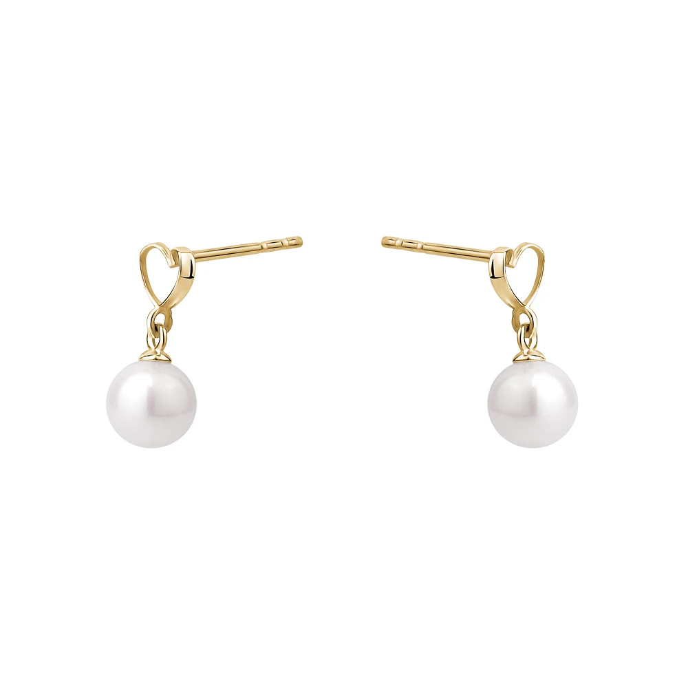 10K Gold Heart Stud Drop Earrings with Freshwater Pearls. Color: yellow | Doucet Latendresse