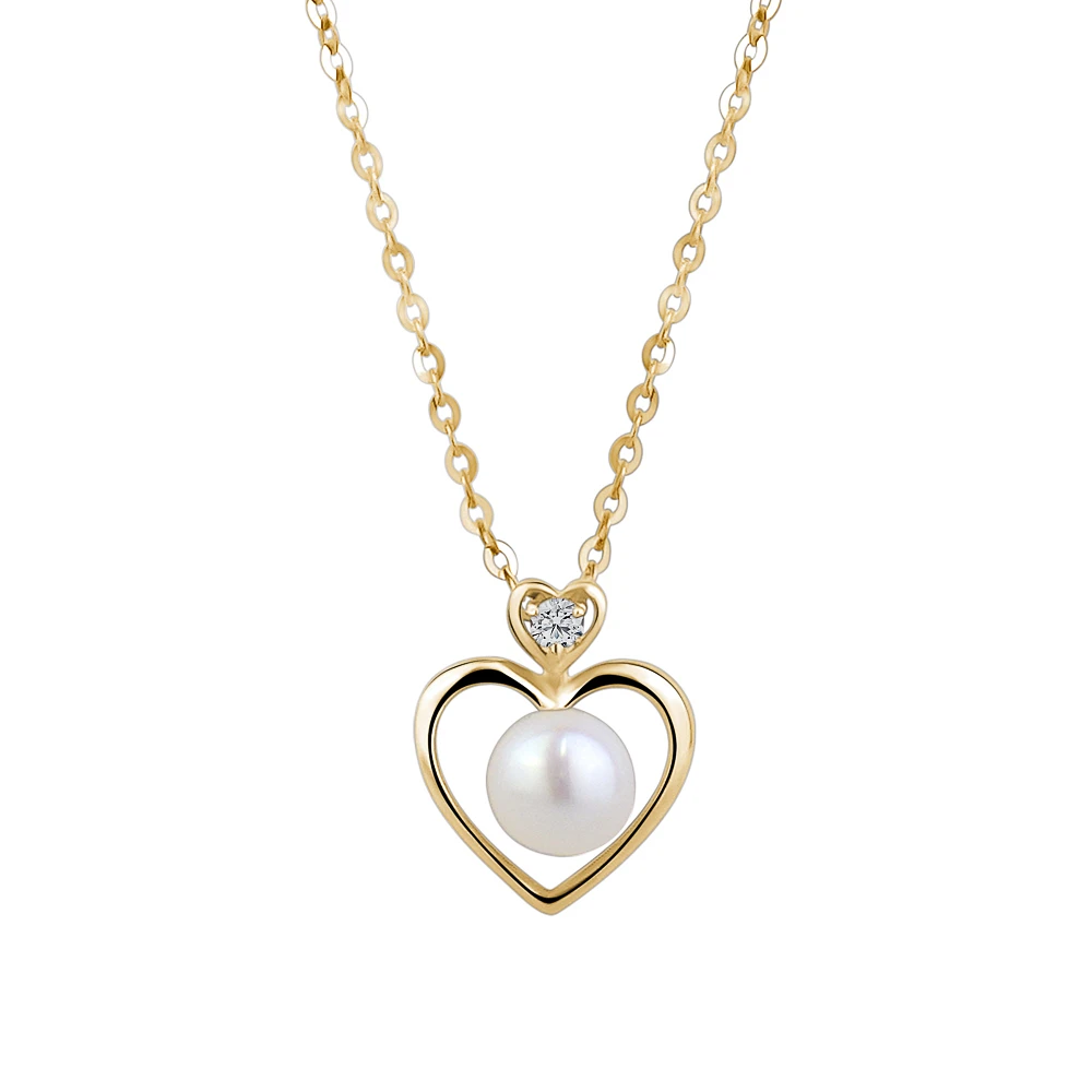 10K Gold Heart Necklace with Freshwater Pearl and Cubic Zirconia. Color: yellow | Doucet Latendresse