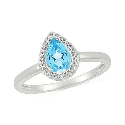 Bague en Argent Sterling avec Topaze Bleue en Goutte et Halo de Diamants. Color: blanc | Doucet Latendresse