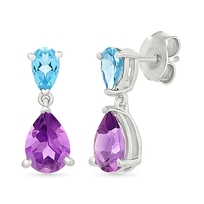 Boucles d’Oreilles Pendantes en Argent Sterling avec Topaze Bleue et Améthyste. Color: blanc | Doucet Latendresse