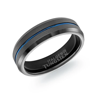 Bague pour Homme en Tungstène Noir avec Rainure Bleue et Fini Brossé | Doucet Latendresse