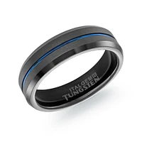 Bague pour Homme en Tungstène Noir avec Rainure Bleue et Fini Brossé | Doucet Latendresse