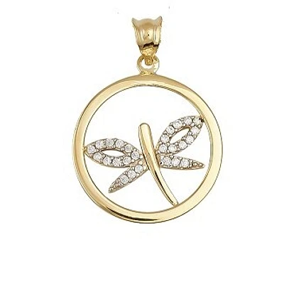 Pendentif en or 10K avec zricon cubique - charme en forme de cerlce de vie et libellule. Color: jaune | Doucet Latendresse