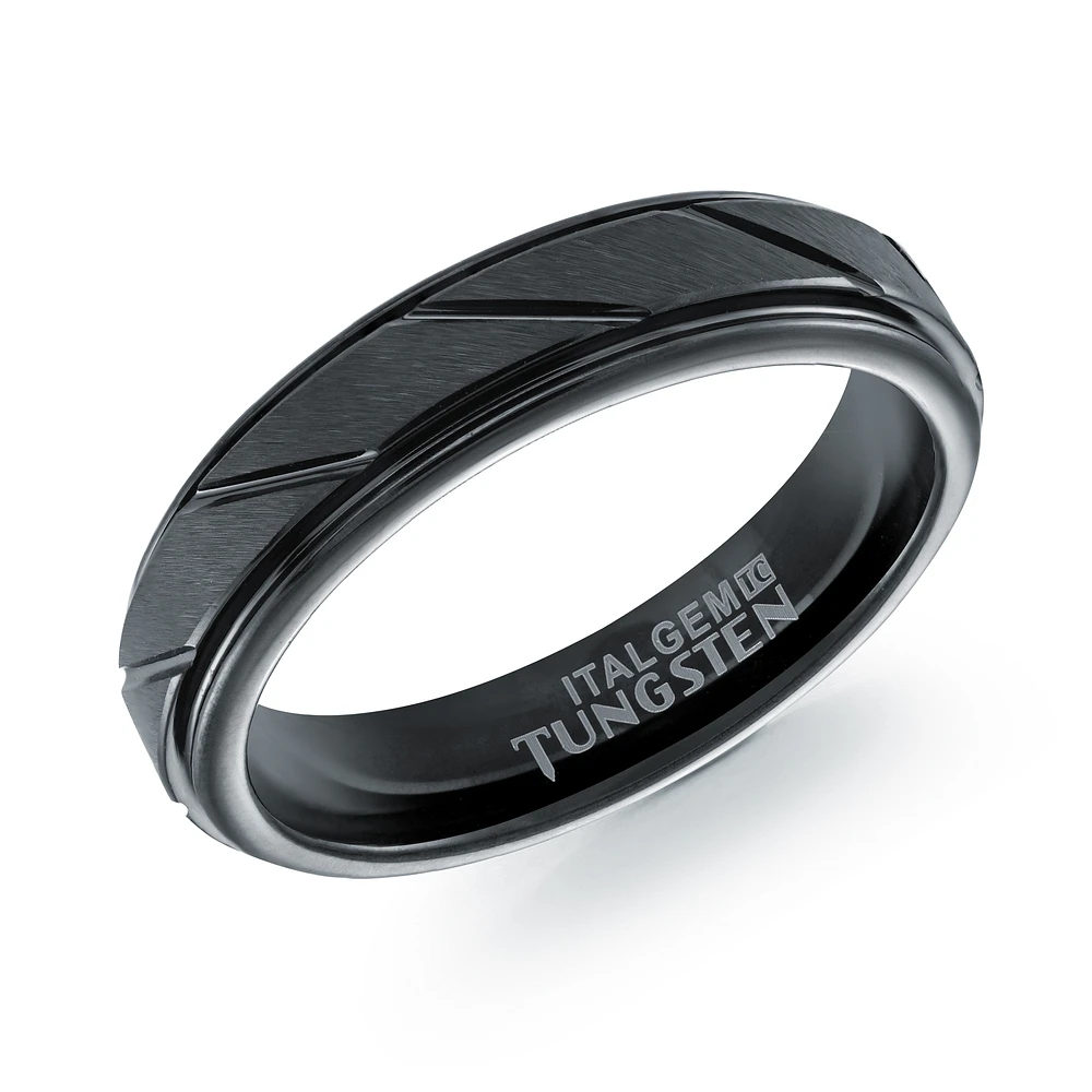 Bague en Tungstène Noire avec Motif de Rainures Diagonales. Color: noir | Doucet Latendresse