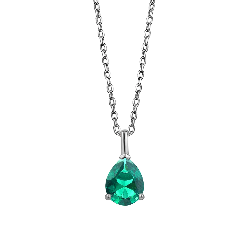 Sterling Silver Emerald Lab Pendant Necklace - Teardrop Charm. Color: silver | Doucet Latendresse