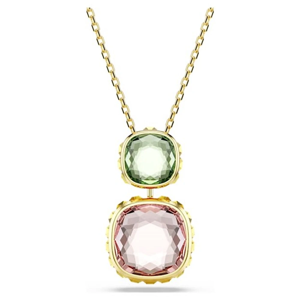 Gold-Plated Double Cushion-Cut Crystal Pendant Necklace. Color: yellow | Doucet Latendresse