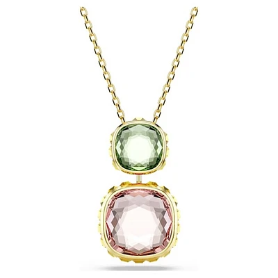 Gold-Plated Double Cushion-Cut Crystal Pendant Necklace. Color: yellow | Doucet Latendresse