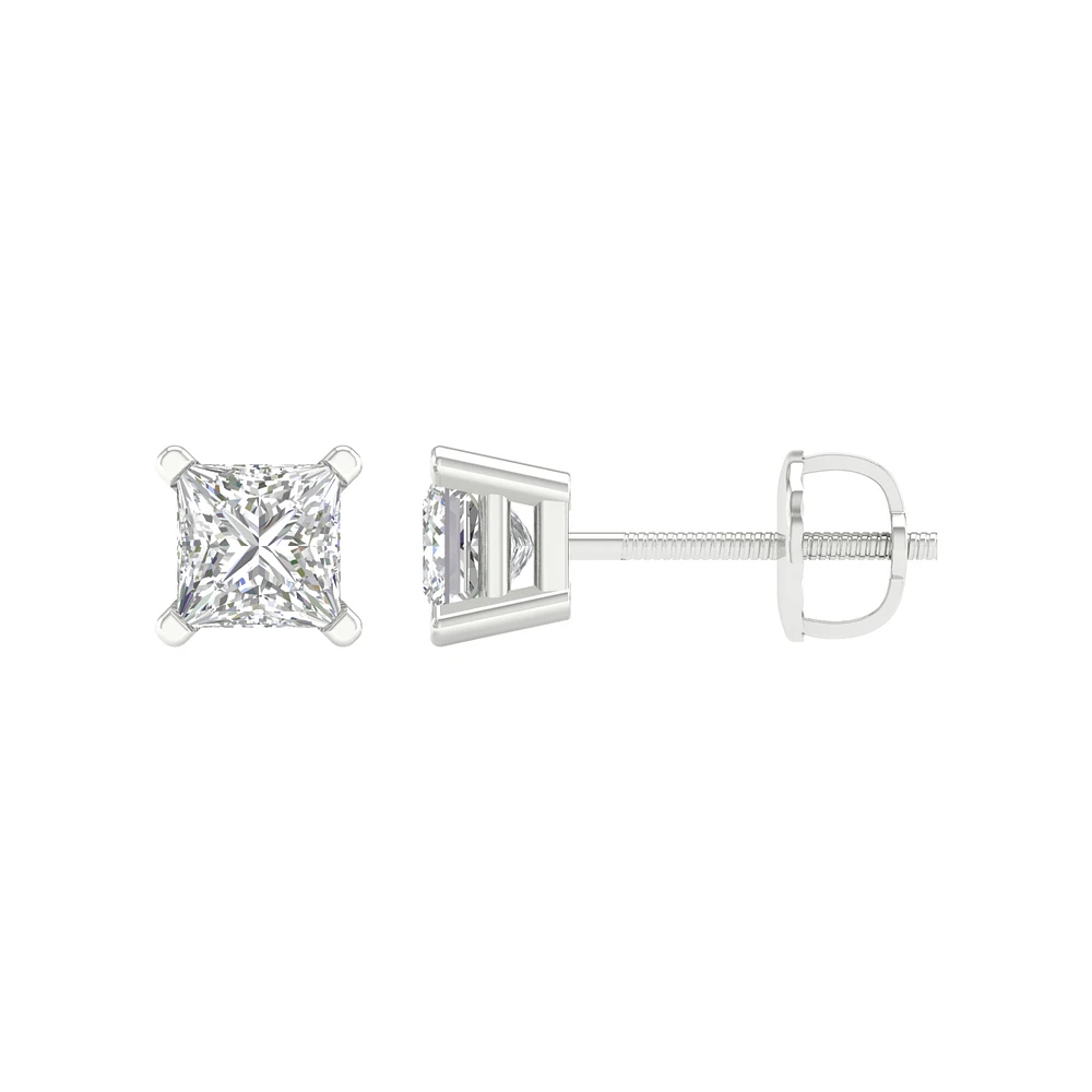 14K White Gold Stud Earrings with Princess-Cut Lab-Grown Diamond. Color: white | Doucet Latendresse