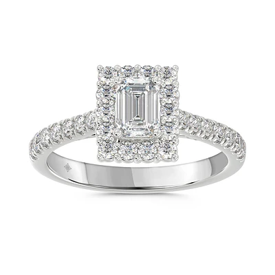 14K White Gold Emerald-Cut Lab Diamond Halo Engagement Ring. Color: white | Doucet Latendresse