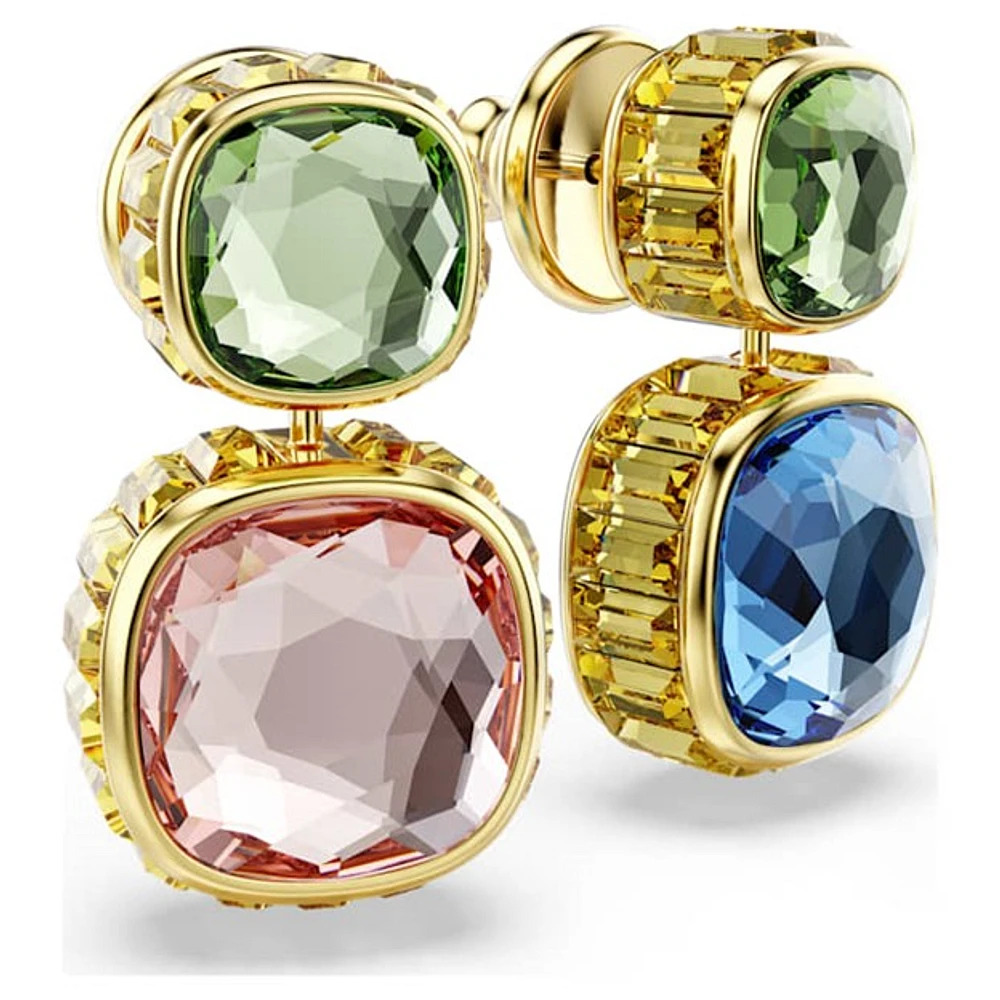 Gold-Plated Double Drop Earrings with Multicolour Crystals. Color: yellow | Doucet Latendresse