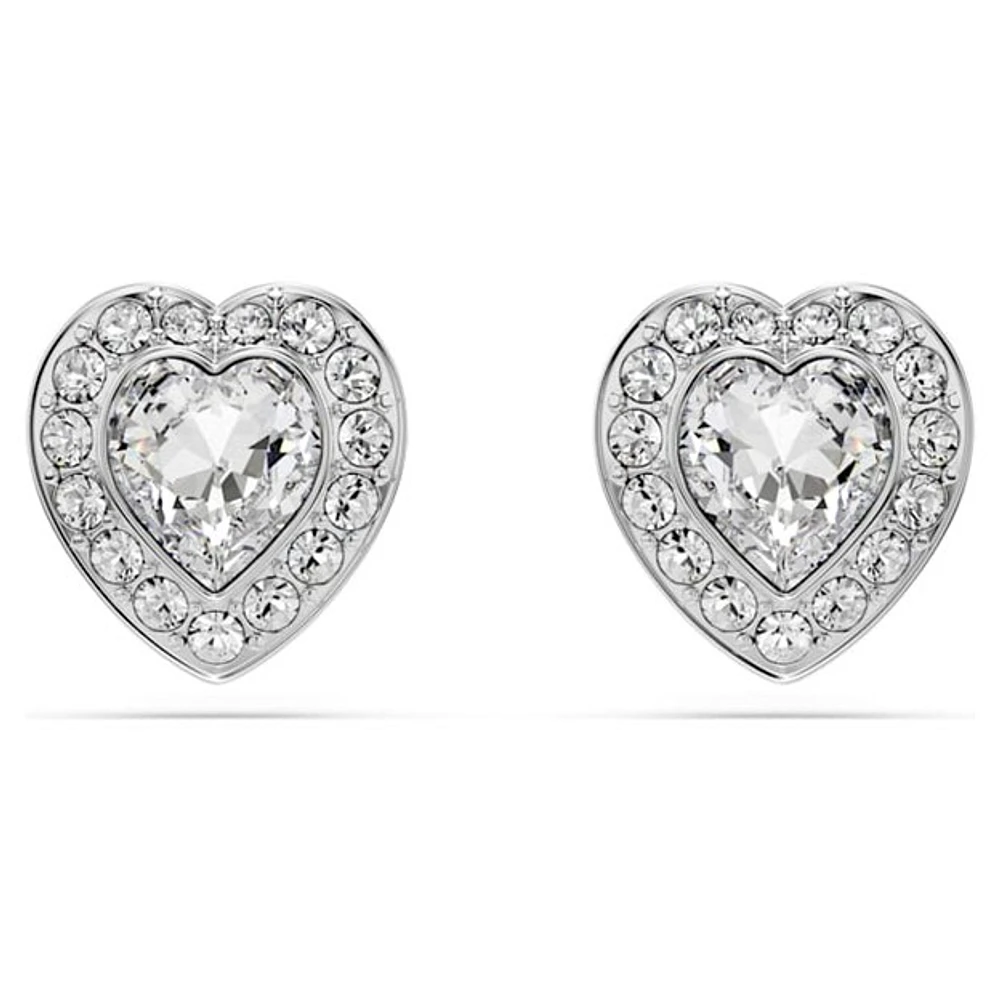 Rhodium Plated Heart-Shaped Crystal Stud Earrings. Color: white | Doucet Latendresse