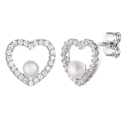 Boucles d'oreilles en argent sterling avec cubique zircons et Perles - en forme de coeur. Color: argent | Doucet Latendresse