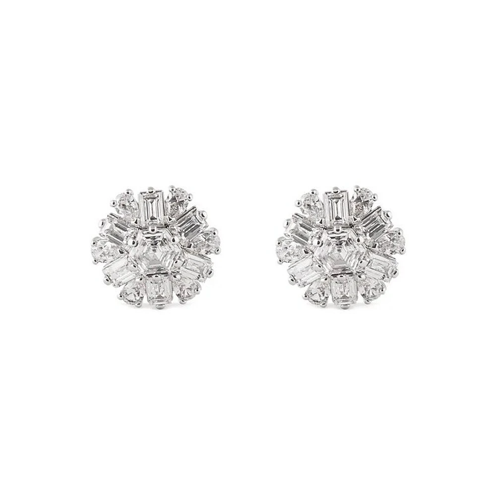 Rhodium Plated Crystal Cluster Stud Earrings. Color: white | Doucet Latendresse