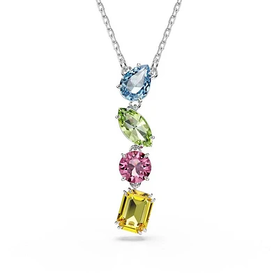 Collier Pendentif Goutte avec Cristaux Multicolores Plaqué Rhodium. Color: blanc | Doucet Latendresse