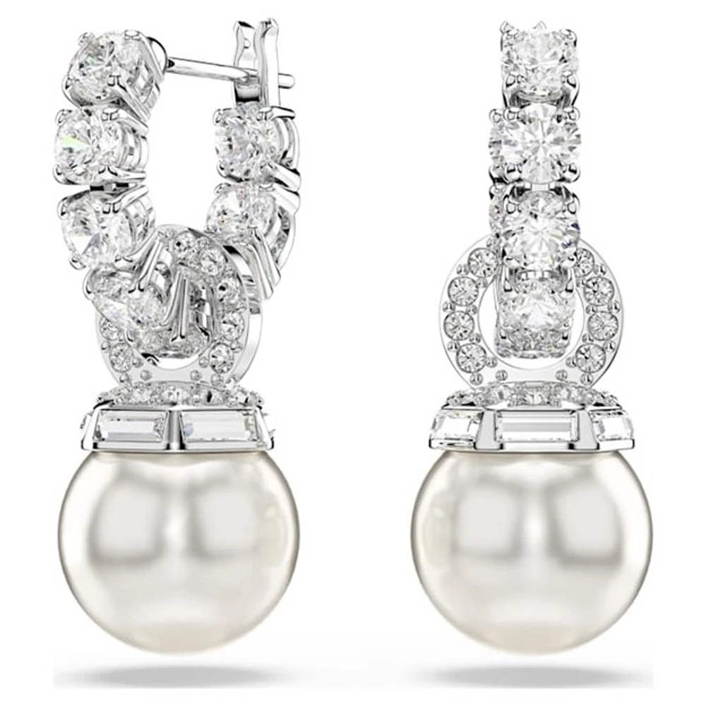 Rhodium Plated Pearl and Crystal Drop Earrings. Color: white | Doucet Latendresse