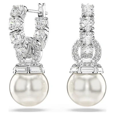Boucles d’Oreilles Pendantes avec Perle et Cristaux Plaquées Rhodium. Color: blanc | Doucet Latendresse
