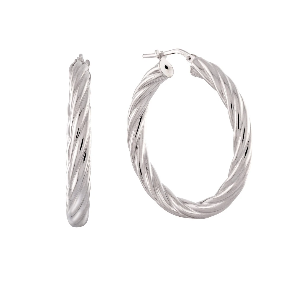 Sterling Silver Twisted Hoop Earrings – Rhodium Finish. Color: white | Doucet Latendresse