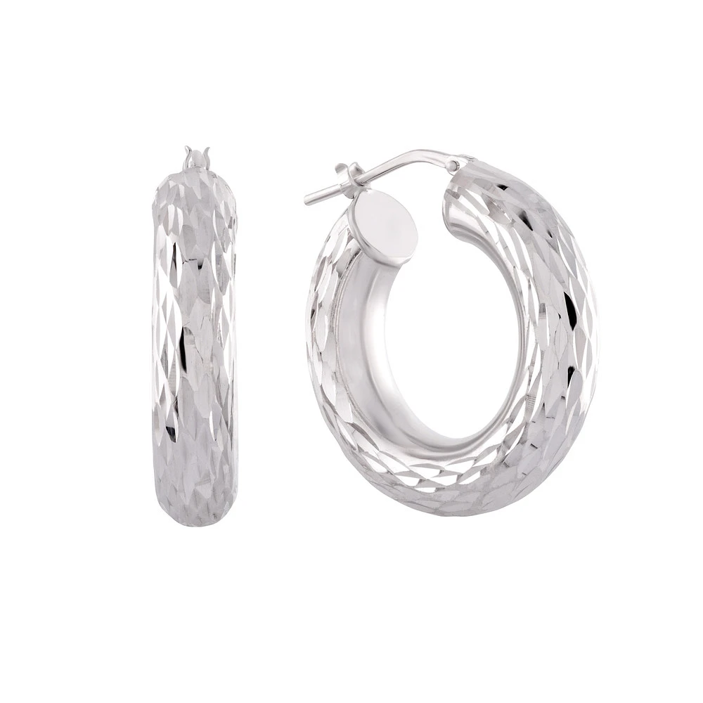Sterling Silver Textured Hoop Earrings with Rhodium Finish. Color: white | Doucet Latendresse