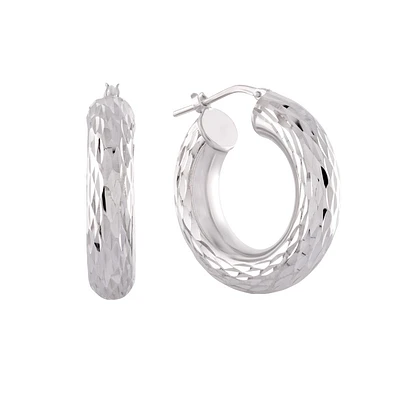 Boucles d’Oreilles Anneaux Texturées en Argent Sterling avec Fini Rhodium. Color: blanc | Doucet Latendresse