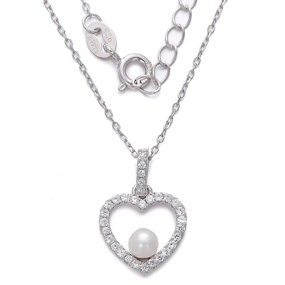 Collier Cœur en Argent Sterling avec Perle d’Eau Douce et Zircon Cubique. Color: blanc | Doucet Latendresse