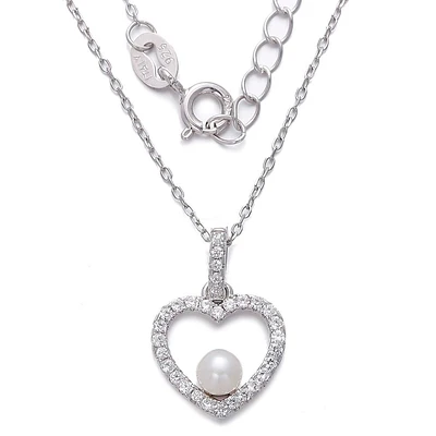 Collier Cœur en Argent Sterling avec Perle d’Eau Douce et Zircon Cubique. Color: blanc | Doucet Latendresse